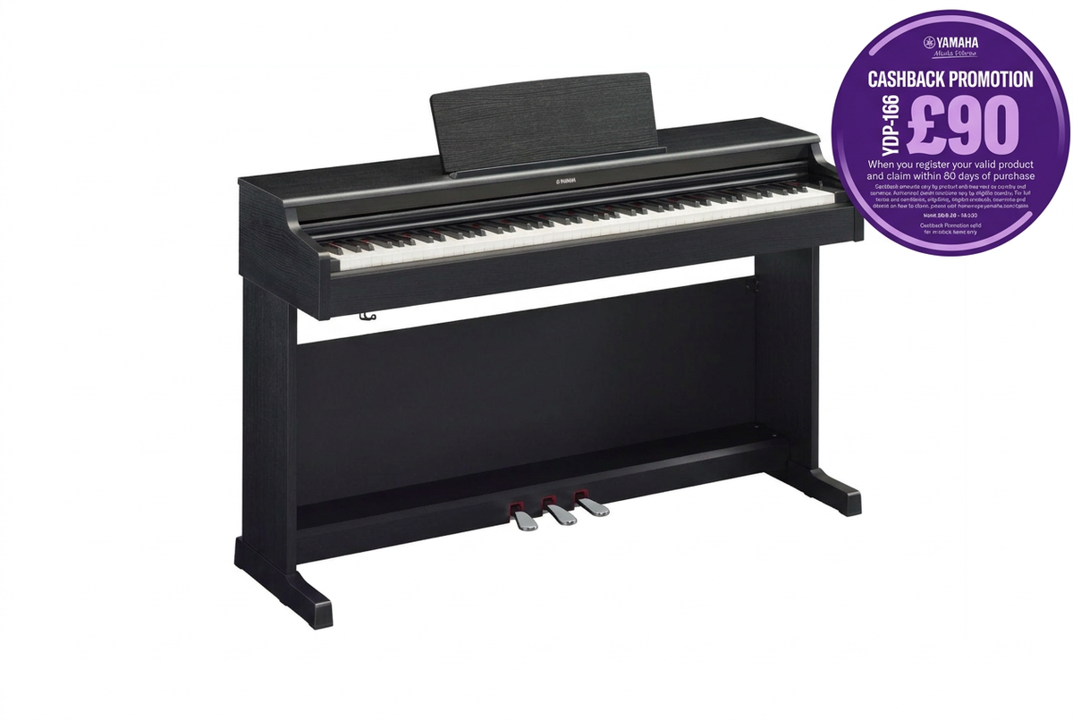 Black Yamaha piano with £90 cashback promotion badge