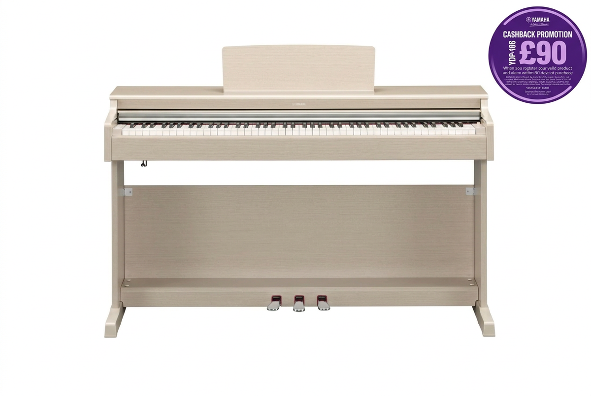 White birch Yamaha piano with £90 cashback promotion badge
