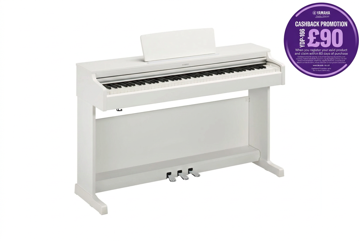 White Yamaha piano with £90 cashback promotion badge