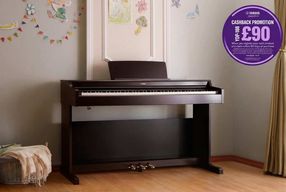 Black Yamaha piano in a room with £90 cashback promotion badge